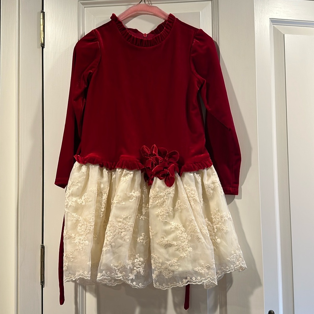Isabella and Chloe little girl red velvet & lace dress- Chasing Fireflies size 5